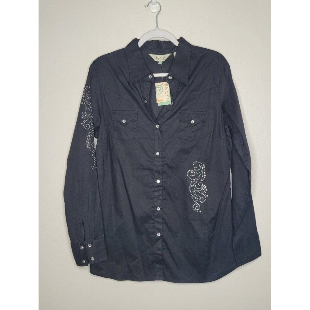 Roper women's black sparkly snap front long sleeve rodeo western top size large